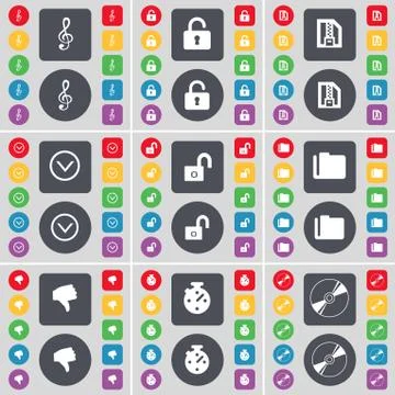 Clef, Lock, ZIP file, Arrow down, Folder, Dislike, Stopwatch, Disk icon symbol. Stock Illustration