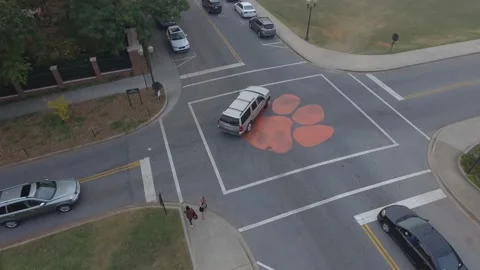 Clemson University Intersection Traffic Logo On Road Fall Aerial 4K  Stock Footage 137555737