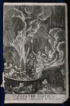Cleopatra setting fire to the sails of a ship. Etching by F. Chauveau., 1648. Stock Illustration