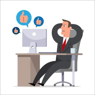 The clerk during working hours communicates in social networks and rejoices t Stock Illustration