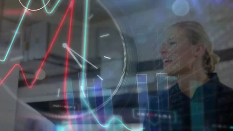 Clerk tapping bell and operating POS handling sandwich sale while finance charts Video stock 331227564