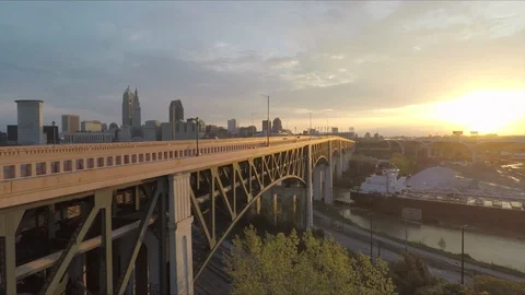 Cleveland Bridge Skyline Aerial Drone - Uncolored Stock Footage