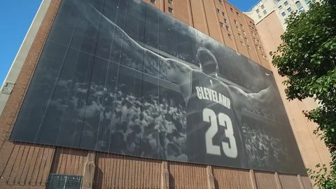 CLEVELAND, DOWNTOWN, LARGE LEBRON JAMES MURAL, CLOSE UP Stock Footage