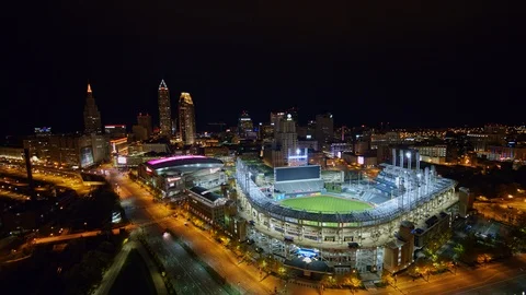 Cleveland Ohio Aerial v6 Sweeping panoramic moving over freeway toward stadium Stock Footage