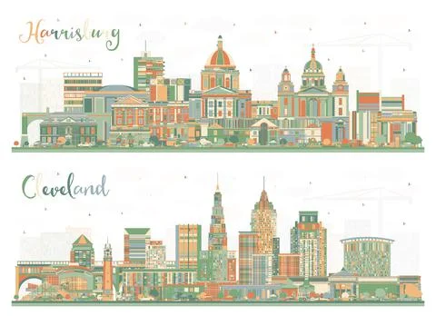 Cleveland Ohio and Harrisburg Pennsylvania City Skyline Set with Color Buildi Stock Illustration
