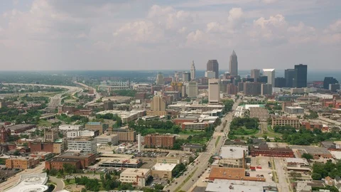 Cleveland, Ohio circa-2019.  Aerial view of Cleveland.  Shot from helicopter Stock Footage