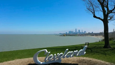 Cleveland, Ohio Edgewater Park Drone Footage of Downtown Skyline Stock Footage