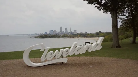 Cleveland Script Sign with Downtown Skyline Stock Footage 319452914