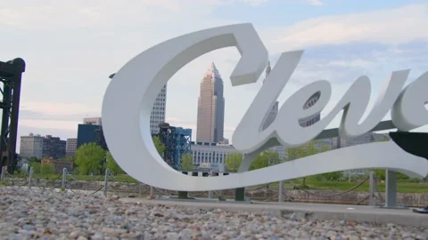 Cleveland Script Sign with Key Tower Stock Footage 155516623