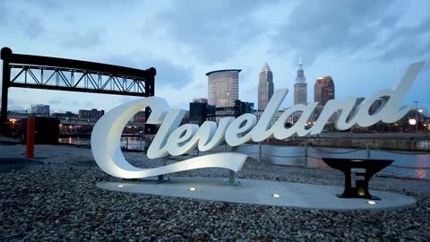 Cleveland Script Sign Timelapse from West Side of Cleveland, Ohio in The Video stock 104841124