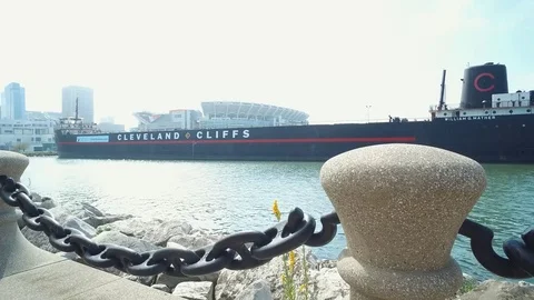CLEVELAND, SHIP MUSEUM, SIDE VIEW ACROSS WATER, STATIC SHOT Stock Footage 70087115