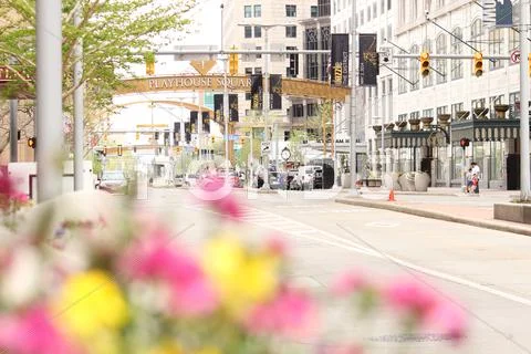 Cleveland street scene Playhouse Square arch in background Stock Photos