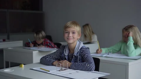 Clever boy finishing assignment during lesson 스톡 동영상 142495914