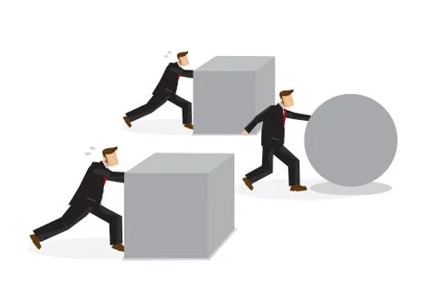 Clever Businessman pushing sphere while the others are pushing boxes. Stock Illustration