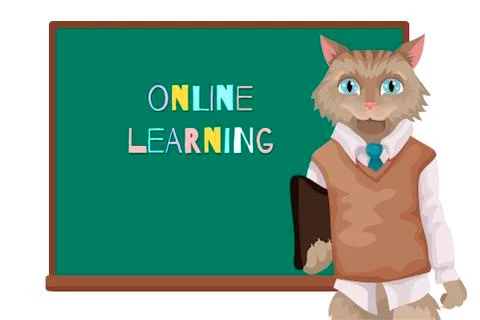 The clever cat with the folder or the laptop costs near a school educational Stock Illustration