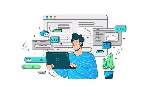 Clever man testing computer website or interface 스톡 일러스트