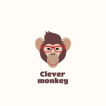 Clever Monkey Vector Sign Emblem or Logo Template. Smiling Ape Face in Glasses Illustrazione stock