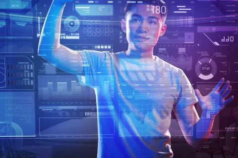 Clever programmer enjoying his work and touching the transparent screen Stock Photos