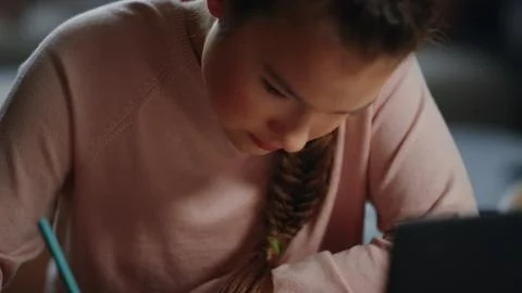 Clever student schooling remotely. Diligent girl doing math homework indoors. Foto stock