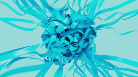 Clew of blue stripes getting tangled animation. Shiny threads folding. 3d render Stock Footage 279643418