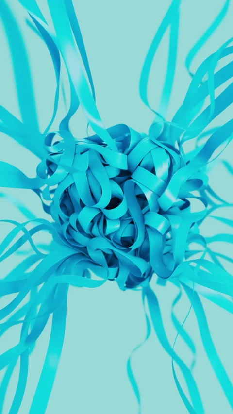 Clew of blue stripes getting tangled animation. Shiny threads folding. 3d render Stock Footage 323122457