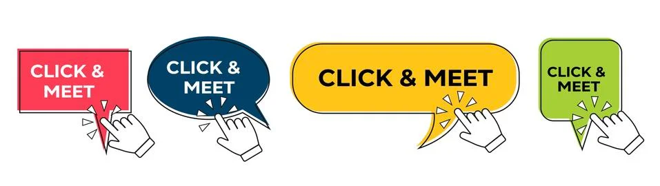 CLICK AND MEET speech bubble with hand click icon isolated on white. Click and Stock Illustration