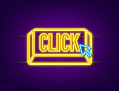 Click button with hand pointer clicking. Neon icon. Vector stock illustration 스톡 일러스트