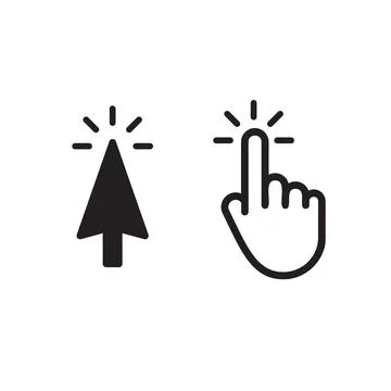 Click button, isolated black arrow, isolated white hand. Interface graphic, web Illustrazione stock