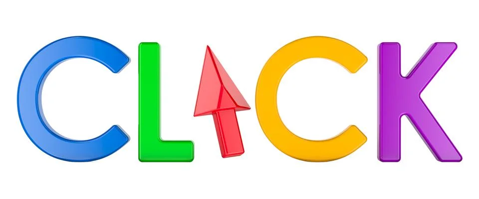 Click, colored inscription with cursor. 3D rendering Stock-Illustration
