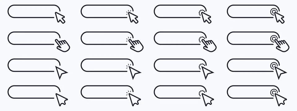 Click cursor set button with hand pointer clicking. Click here web button sign Stock Illustration