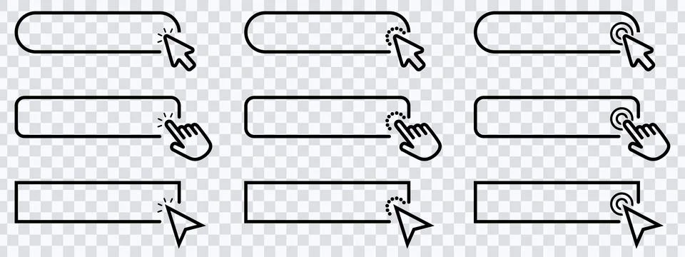 Click cursor set button with hand pointer clicking. Click here web button sign Illustrazione stock