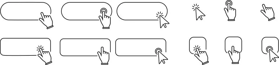 Click cursor set button with hand pointer clicking. Click here web button sign. Stock Illustration