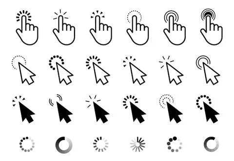 Click cursor set. Computer pointer hand and arrow icon. Press pick action ele Illustrazione stock