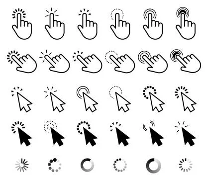 Click cursor set. Computer pointer hand and arrow icon. Press pick action ele Stock Illustration