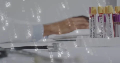 On click doctor hand typing while binary overlay falling over scope and vials Stock Footage 332296307