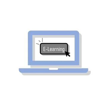 Click on E-learning button on linear laptop. Illustrazione stock