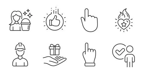 Click hand, Like hand and Loyalty program icons set. Foreman, Cleaning and Heart Stockillustratie