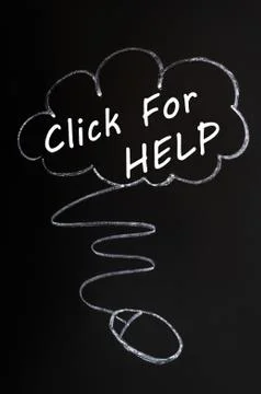 Click for help - words written with chalk on a blackboard Stock Photos