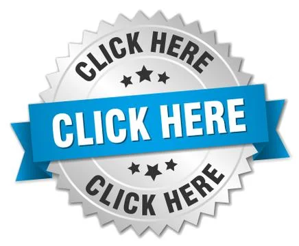 Click here 3d silver badge with blue ribbon Stock Illustration