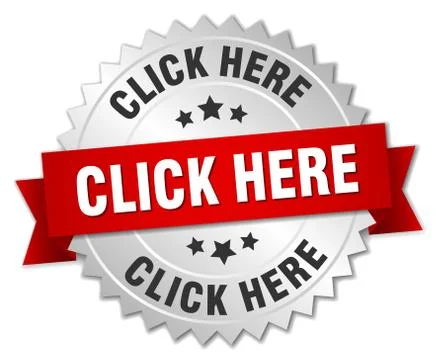 Click here 3d silver badge with red ribbon Stock Illustration