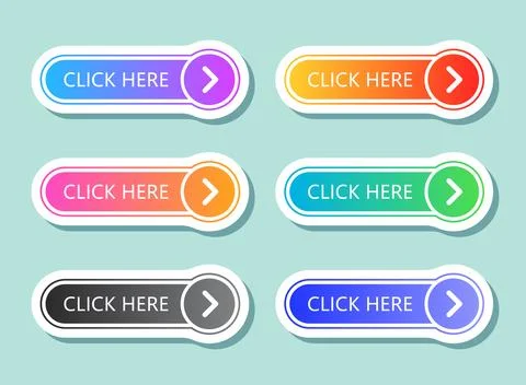 Click here banner sticker icon set collection in flat style. Ecommerce vect.. Illustrazione stock