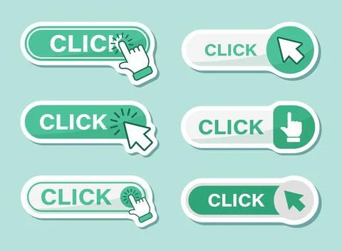 Click here banner sticker icon set collection in flat style. Ecommerce vect.. Stock Illustration