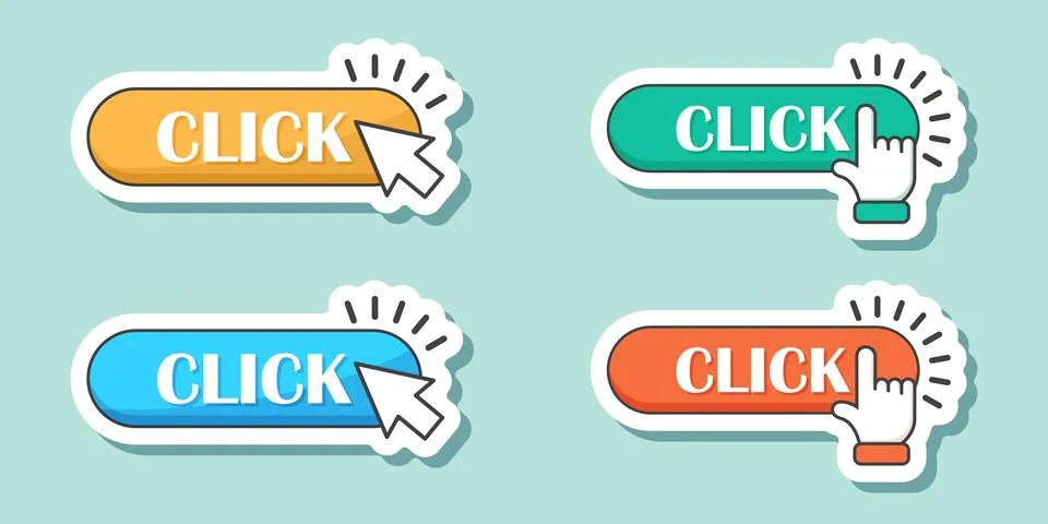 Click here banner sticker icon set collection in flat style. Ecommerce vect.. Stock Illustration