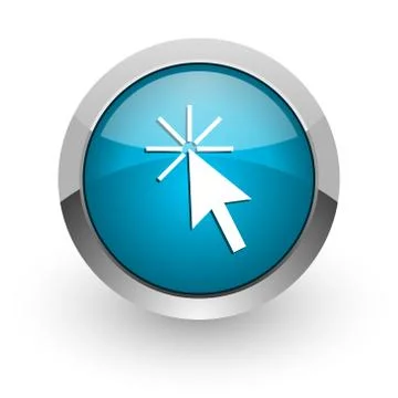 Click here blue silver metallic chrome border web and mobile phone icon on wh Stock Illustration