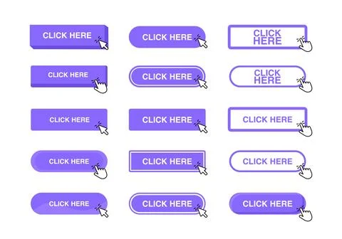 Click here button with hand cursor. Hand pointer clicking. Vector illustration Illustrazione stock