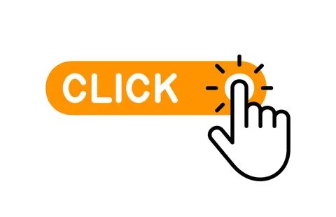 Click here button with hand icon Illustrazione stock