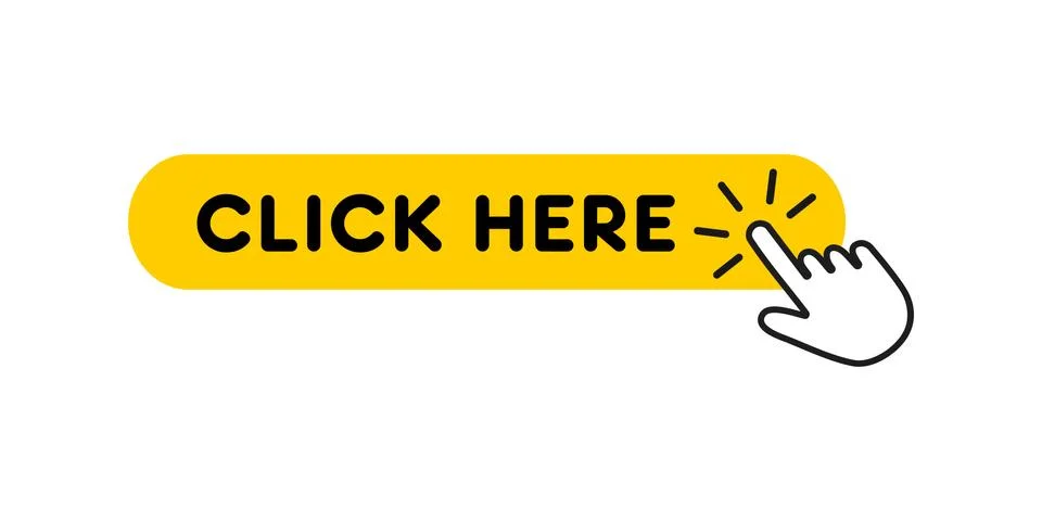 Click here button with hand pointer. Over white background Illustrazione stock