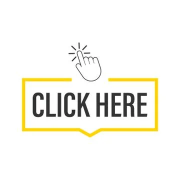Click here button with hand pointer clicking. Vector stock illustration. Illustrazione stock