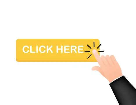 Click here button with hand pointer clicking. Vector stock illustration. Stock Illustration