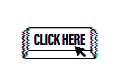 Click here button with hand pointer clicking. Glitch icon. Vector stock 스톡 일러스트